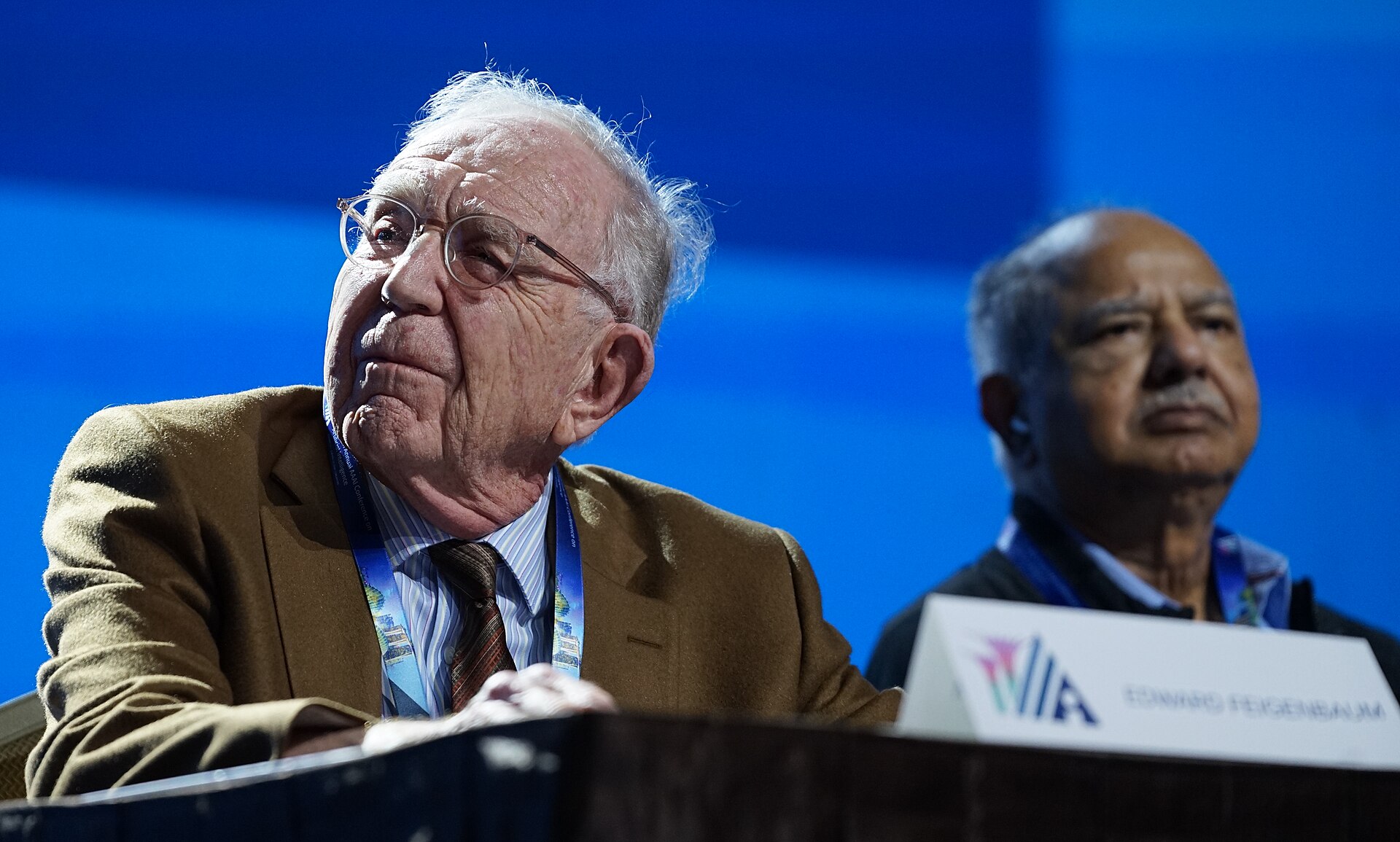 Edward Feigenbaum and Raj Reddy at AAAI 2026 in Singapore for "Professor Edward Feigenbaum: A Tribute to and Lecture by a Pioneer of AI on his 90th Birthday"