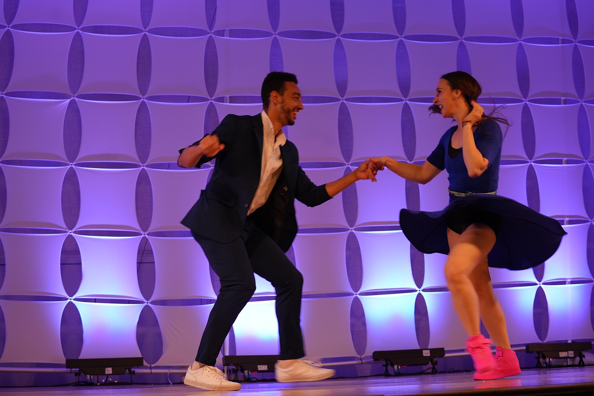 AJ Howard & Laura Glaess, dancers & instructors, performing the Lindy Hop at California Dance Festival 2025 in Sacramento, California.aj how