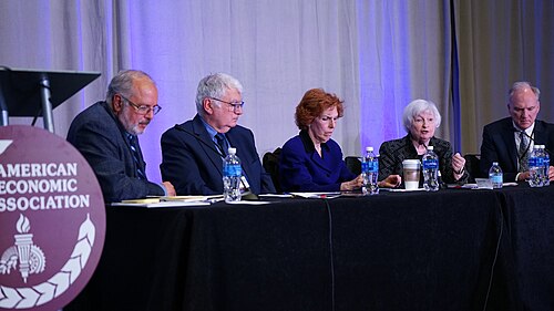 Anil Kashyap, Athanasios Orphanides, Loretta Mester, Janet Yellen, David Romer at the ASSA Annual Meeting (AEA) 2026 in Philadelphia, PA
