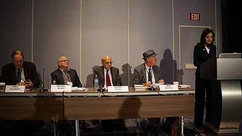 James Galbraith, Michael Bordo, Jeremy Siegel, Mark Skousen, Judy Shelton at the ASSA Annual Meeting (AEA) 2026 in Philadelphia, PA in session on [Honoring Milton Friedman on his 50th Anniversary of Winning the Nobel Prize]