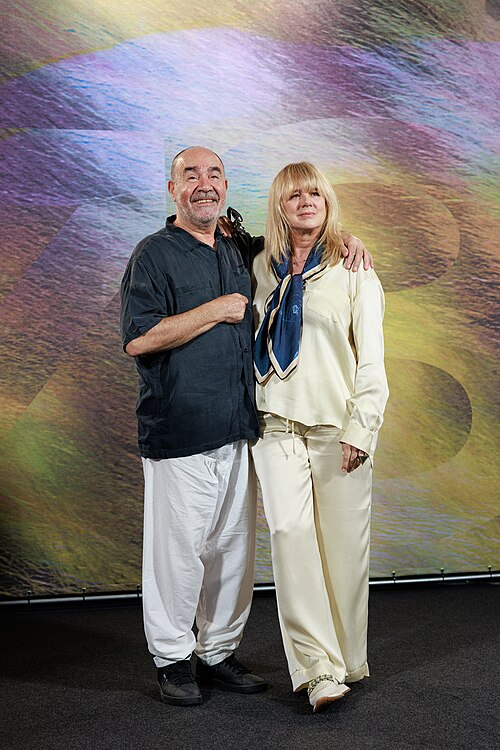 Actors Christos Stergioglou and Emma Suarez attend the 'The Birthday Party' photocall during the 78th Locarno Film Festival on August 07, 2025 in Locarno, Switzerland.