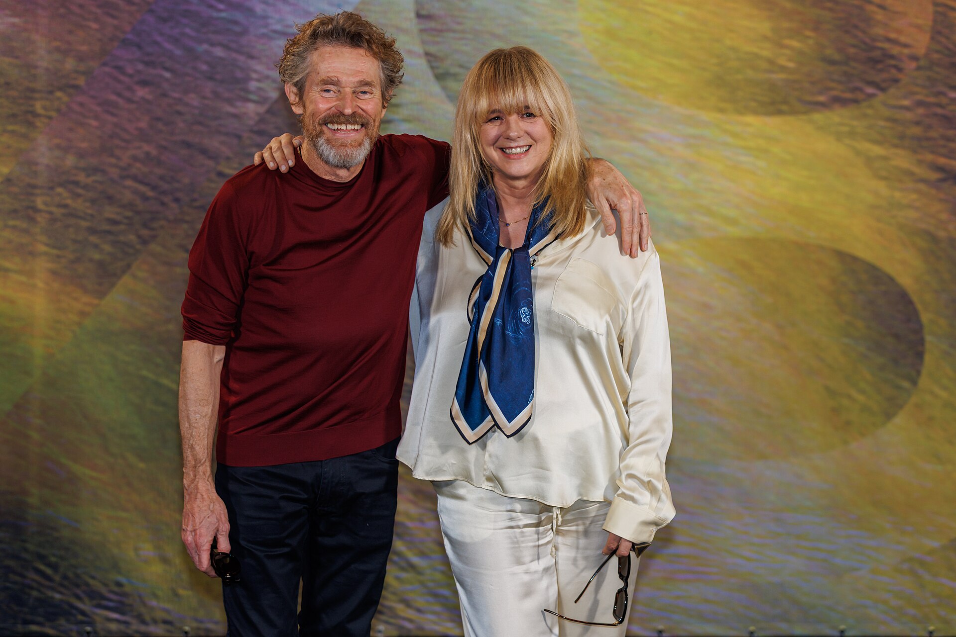 Actors Willem Dafoe and Emma Suarez attend the 'The Birthday Party' photocall during the 78th Locarno Film Festival on August 07, 2025 in Locarno, Switzerland.