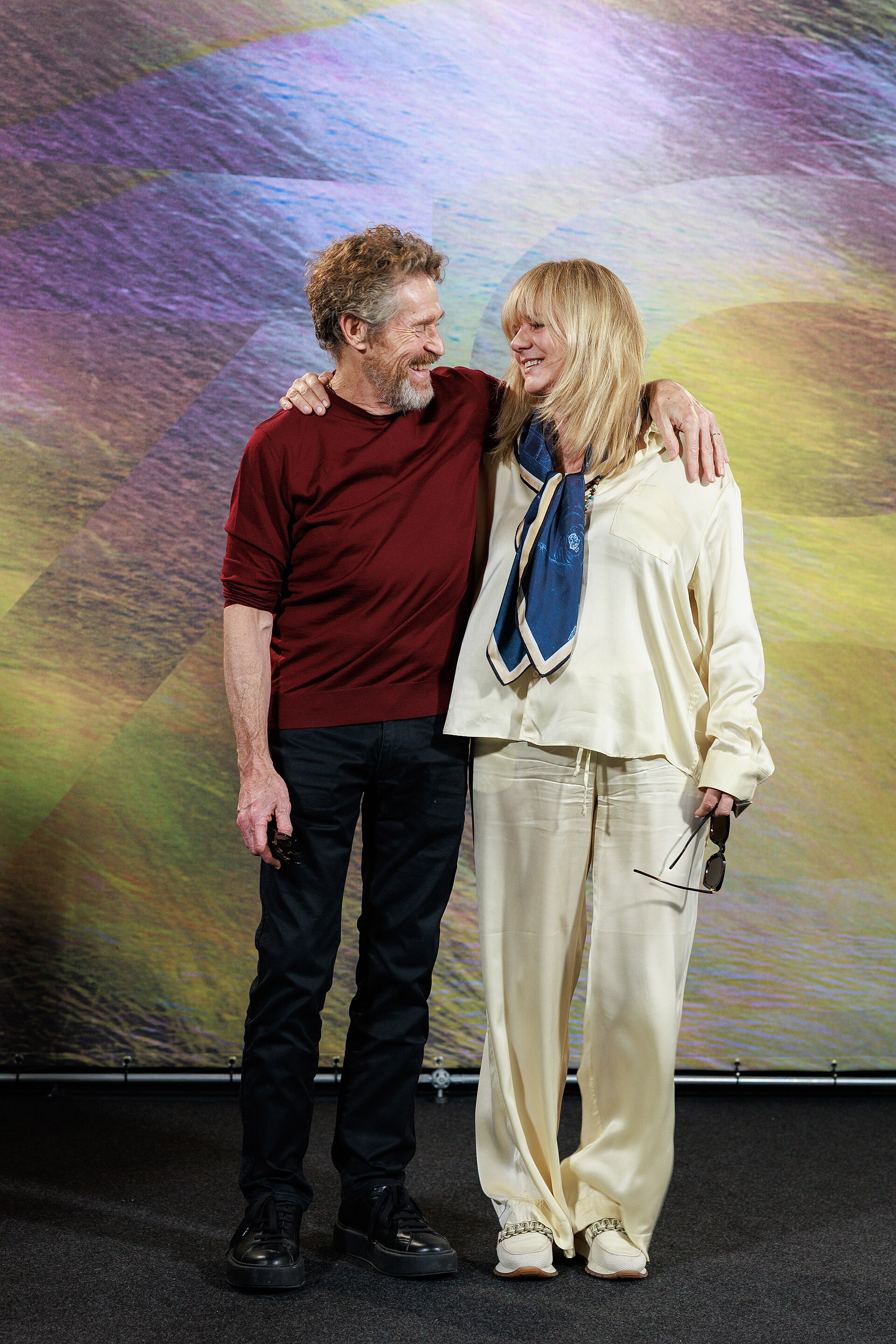 Actors Willem Dafoe and Emma Suarez attend the 'The Birthday Party' photocall during the 78th Locarno Film Festival on August 07, 2025 in Locarno, Switzerland.