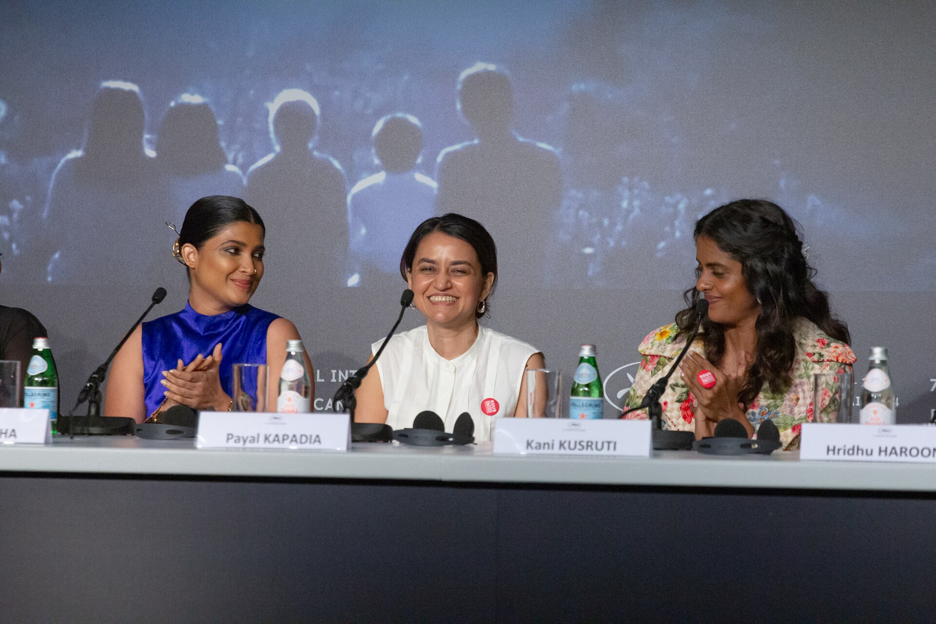 Actress Divya Prabha, director Payal Kapadia, and actress Kani Kusruti at All We Imagine As Light Press Conference at 2024 Cannes Film Festival