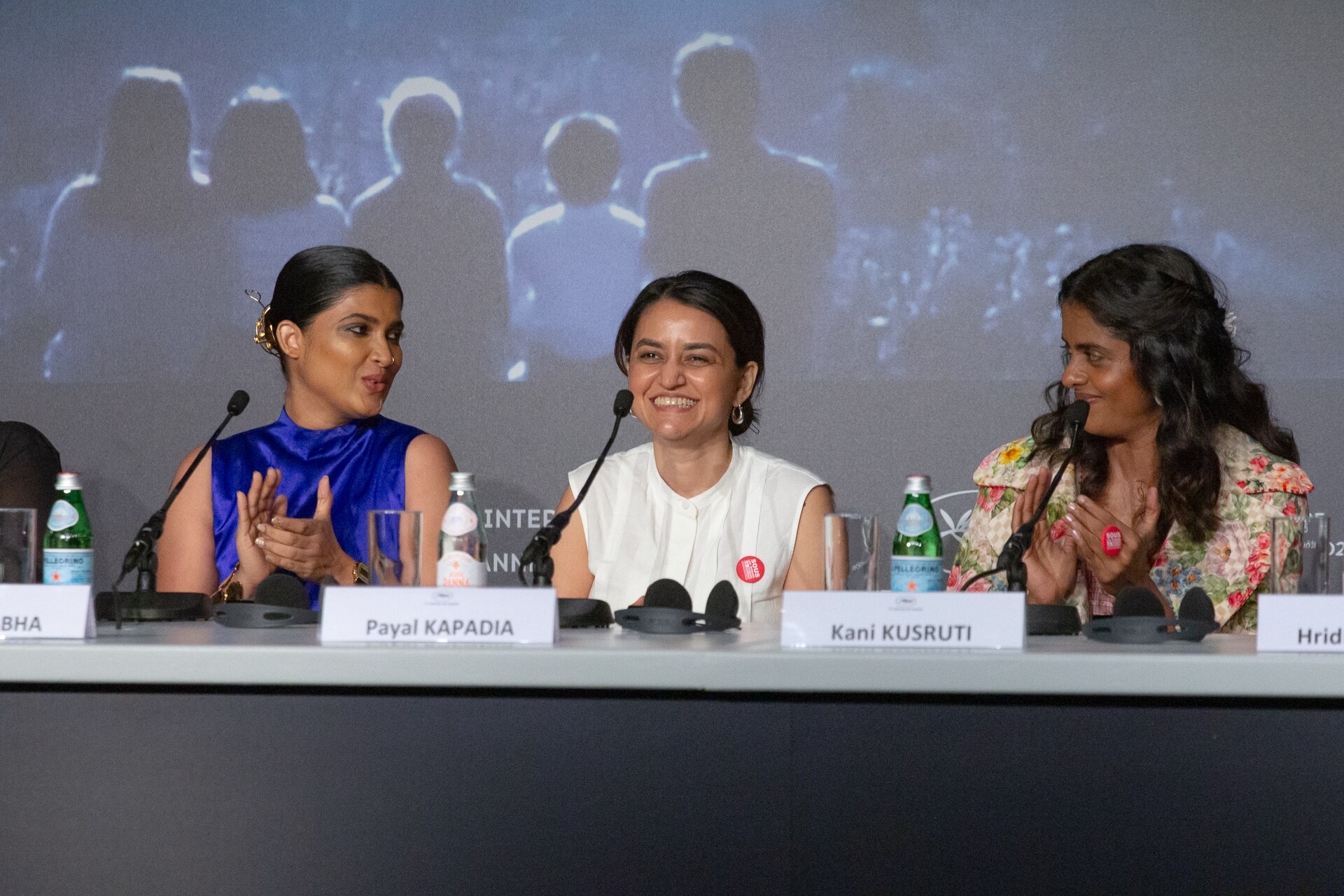 Actress Divya Prabha, director Payal Kapadia, and actress Kani Kusruti at All We Imagine As Light Press Conference at 2024 Cannes Film Festival