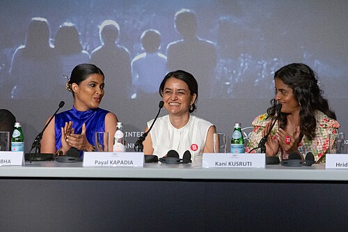 Actress Divya Prabha, director Payal Kapadia, and actress Kani Kusruti at All We Imagine As Light Press Conference at 2024 Cannes Film Festival