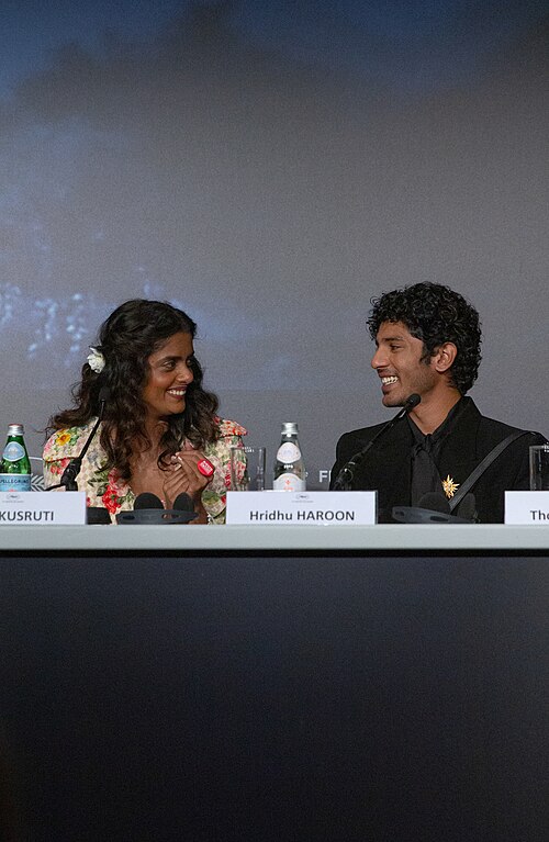 Actress Kani Kusruti and actor Hridhu Haroon at All We Imagine As Light Press Conference at 2024 Cannes Film Festival