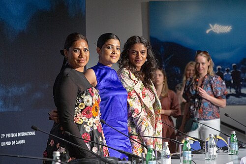 Actresses Chhaya Kadam, Divya Prabha, and Kani Kusruti at All We Imagine As Light Press Conference at 2024 Cannes Film Festival
