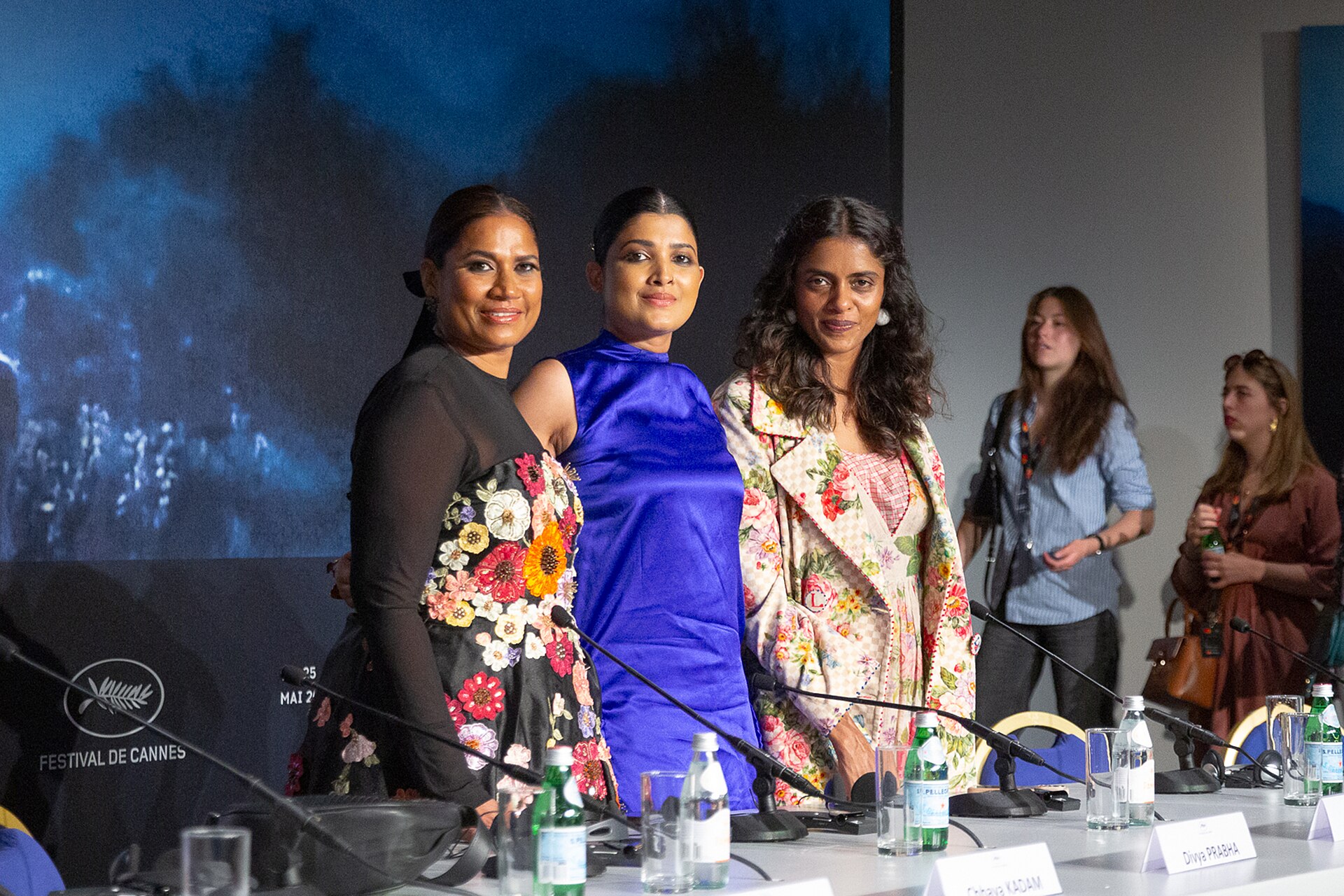 Actresses Chhaya Kadam, Divya Prabha, and Kani Kusruti at All We Imagine As Light Press Conference at 2024 Cannes Film Festival
