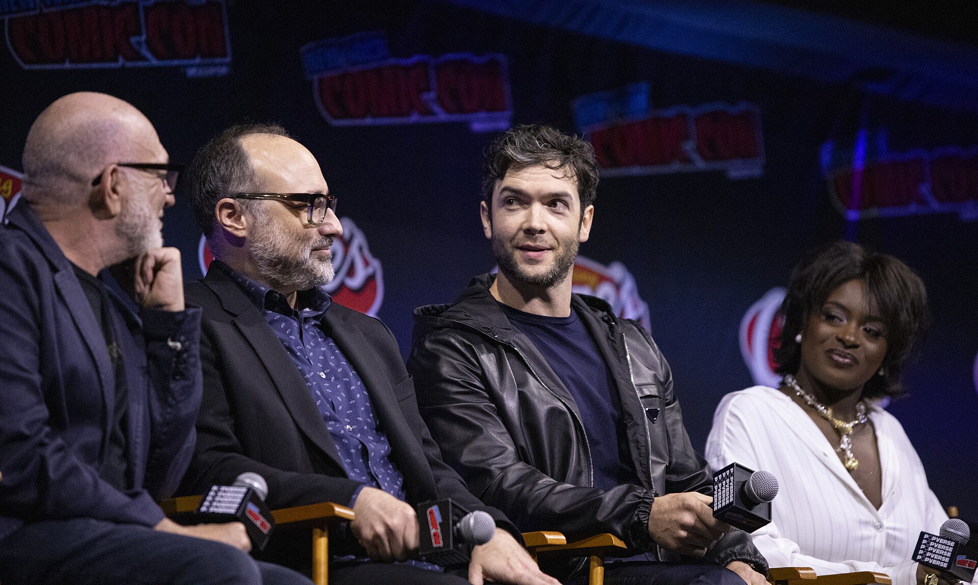 Akiva Goldsman, Henry Alonso Myers, Ethan Peck, and Celia Rose Gooding at the 2025 NYCC Star Trek: Strange New Worlds Panel.