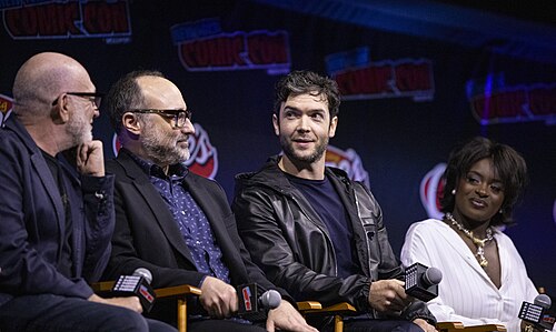 Akiva Goldsman, Henry Alonso Myers, Ethan Peck, and Celia Rose Gooding at the 2025 NYCC Star Trek: Strange New Worlds Panel.