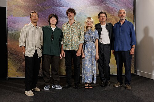 Alex C. Lo, Matteo Zoppis, Nadia Tereszkiewicz and Alessio Rigo de Righi attend the 'Testa o Croce?' photocall during the 78th Locarno Film Festival on August 10, 2025 in Locarno, Switzerland.
