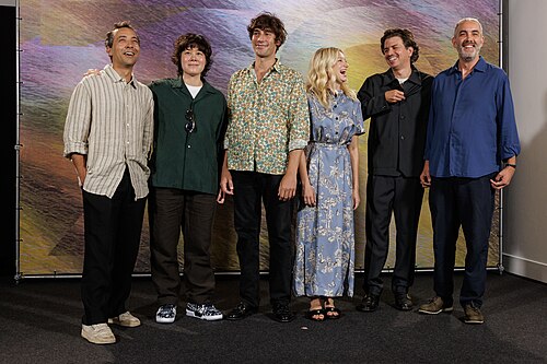 Alex C. Lo, Matteo Zoppis, Nadia Tereszkiewicz and Alessio Rigo de Righi attend the 'Testa o Croce?' photocall during the 78th Locarno Film Festival on August 10, 2025 in Locarno, Switzerland.