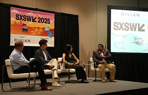 Alex Hawkinson, Theo Hooker, Rebecca Hu, Jay Kapoor (l-r), panel at SXSW 2025 in Austin, Texas. Dirty Jobs & A Warming Planet: The Tech To Solve for Both.