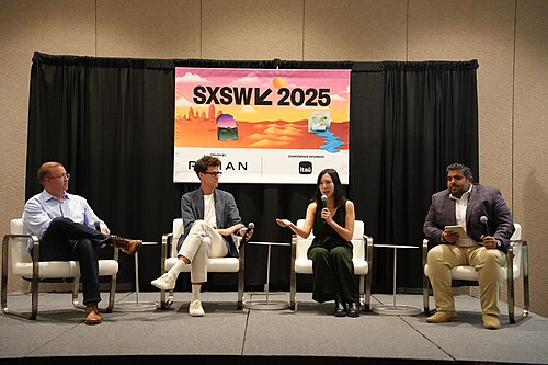 Alex Hawkinson, Theo Hooker, Rebecca Hu, Jay Kapoor (l-r), panel at SXSW 2025 in Austin, Texas. Dirty Jobs & A Warming Planet: The Tech To Solve for Both.