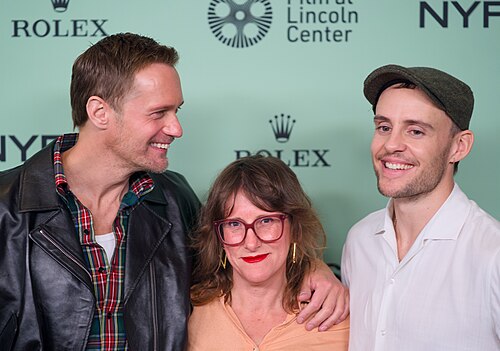 Alexander Skarsgård, actor, Harry Lighton, director, and Emma Norton, producer, at the 63rd New York Film Festival in 2025 for the film Pillion