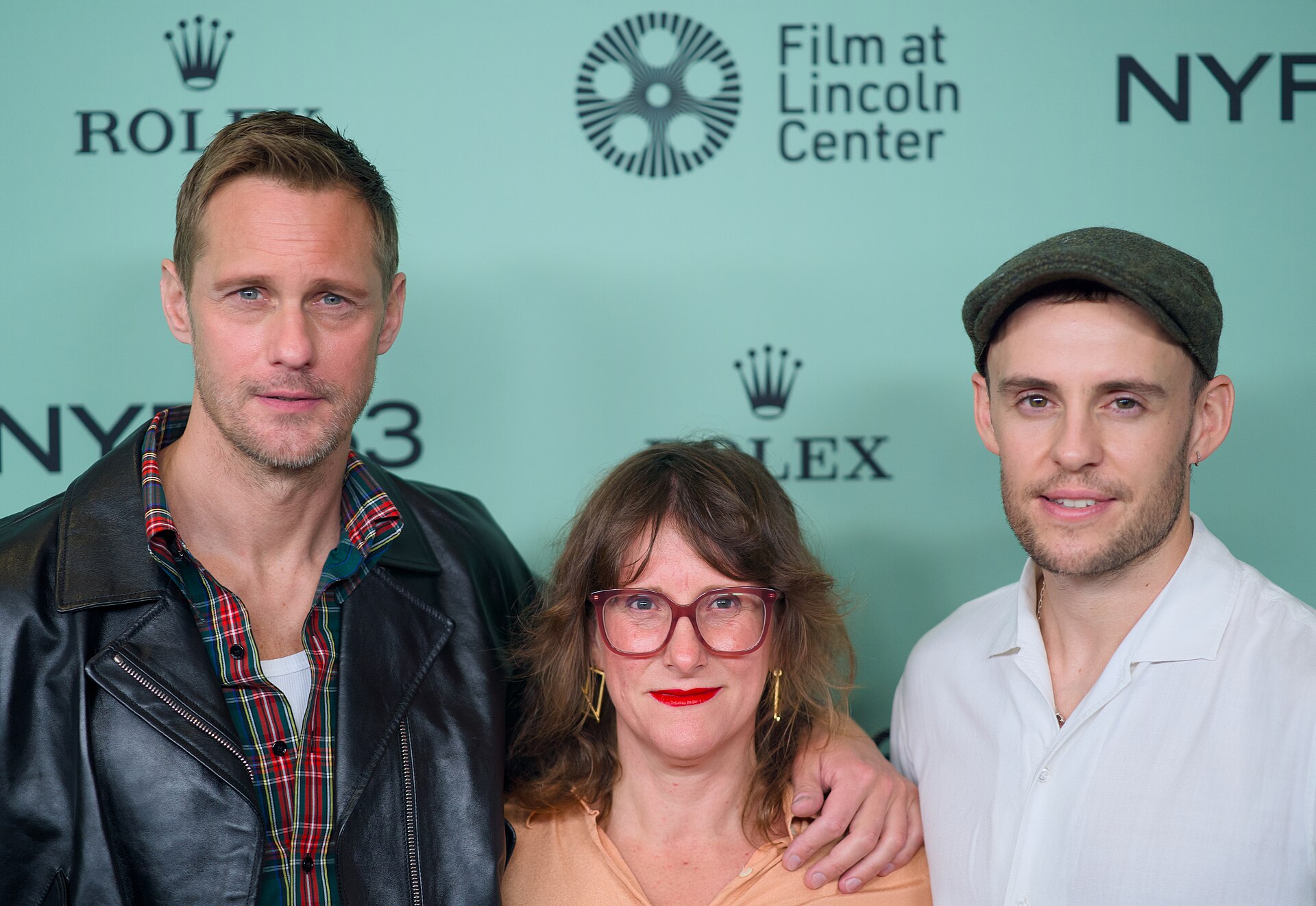 Alexander Skarsgård, actor, Harry Lighton, director, and Emma Norton, producer, at the 63rd New York Film Festival in 2025 for the film Pillion