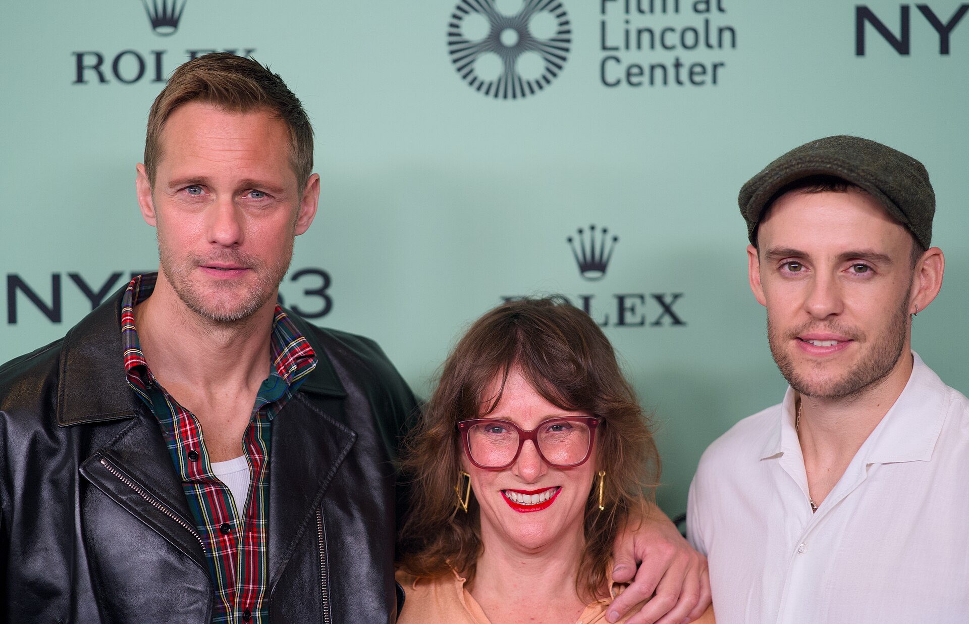 Alexander Skarsgård, actor, Harry Lighton, director, and Emma Norton, producer, at the 63rd New York Film Festival in 2025 for the film Pillion