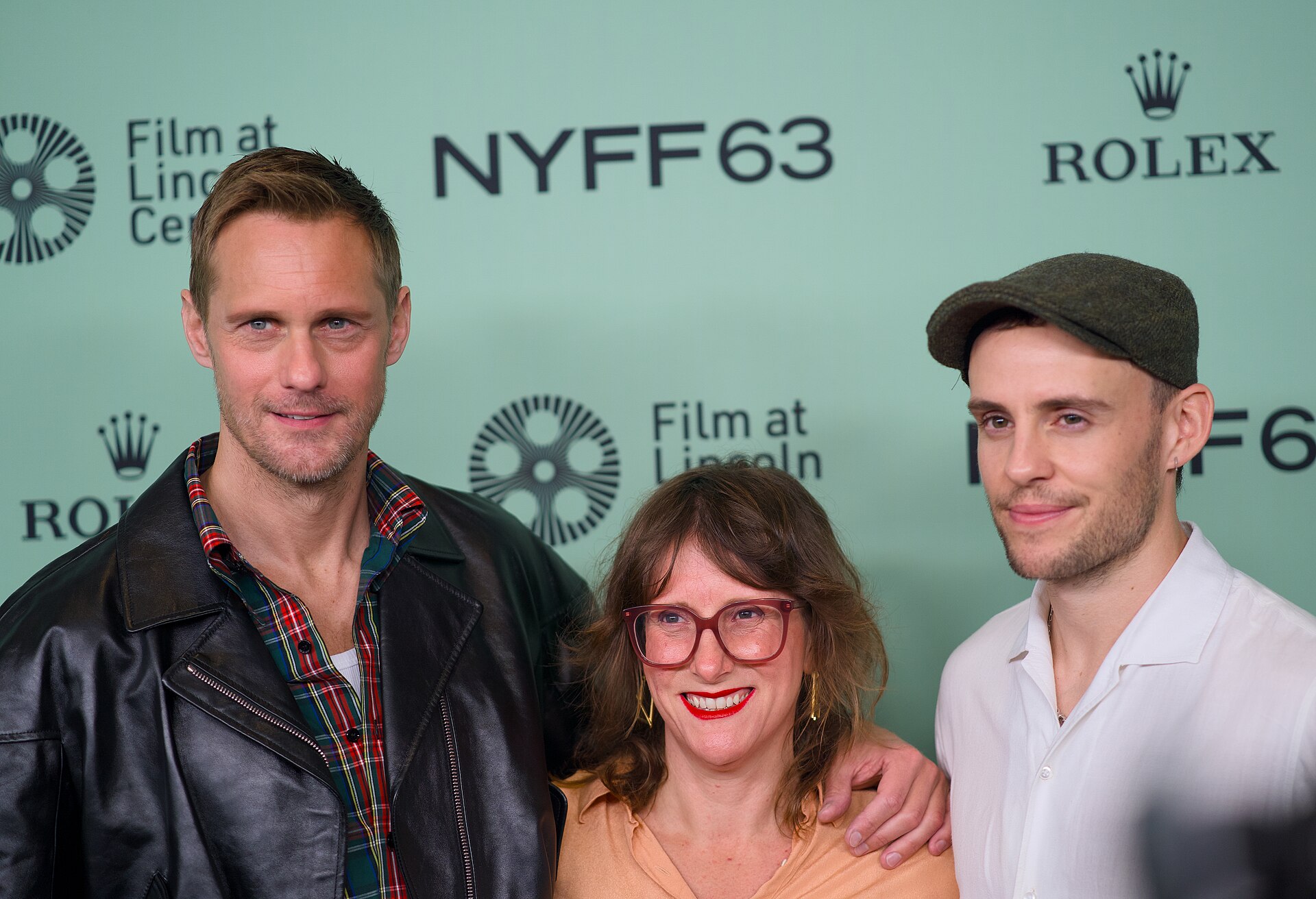 Alexander Skarsgård, actor, Harry Lighton, director, and Emma Norton, producer, at the 63rd New York Film Festival in 2025 for the film Pillion
