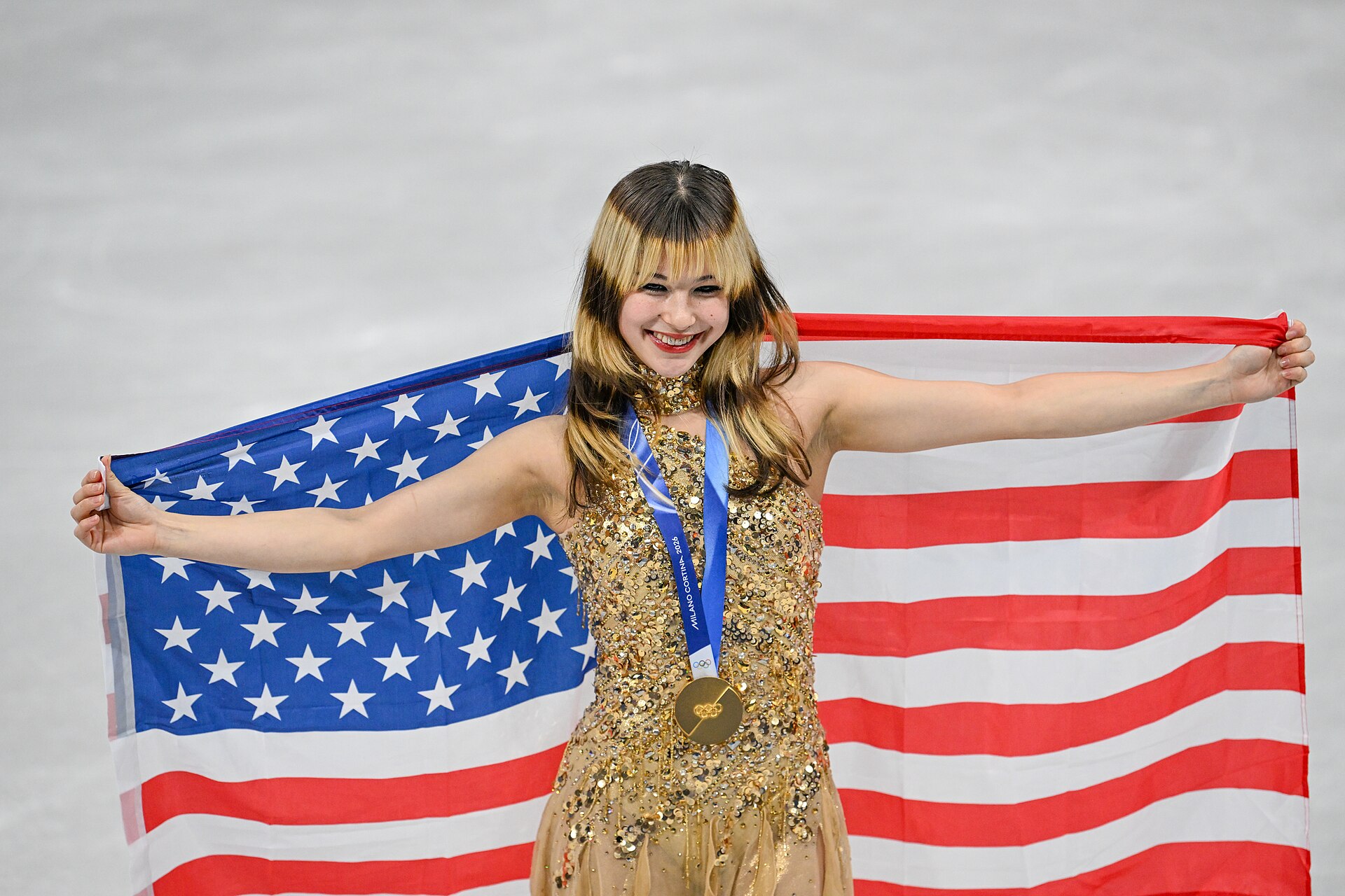 MILAN, ITALY - 19 FEBRUARY 2026: Gold medalist Alysa LIU of Team United States poses for a photo during the medal ceremony for the Women's Single Skating Free Skating at the Olympic Winter Games Milano Cortina 2026 Milano Ice Skating Arena on February 19, 2026 in Milan, Italy