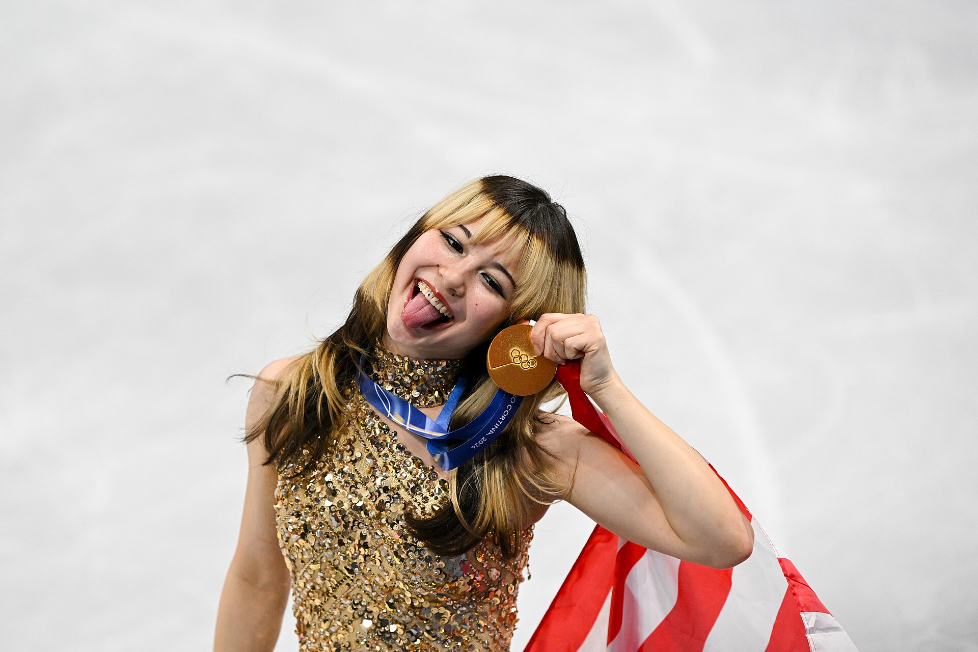 MILAN, ITALY - 19 FEBRUARY 2026: Gold medalist Alysa LIU of Team United States poses for a photo during the medal ceremony for the Women's Single Skating Free Skating at the Olympic Winter Games Milano Cortina 2026 Milano Ice Skating Arena on February 19, 2026 in Milan, Italy