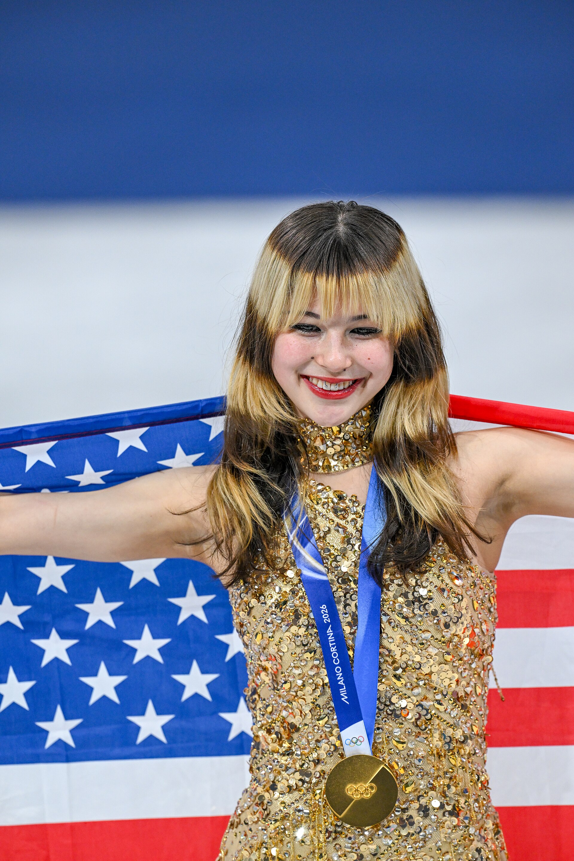 MILAN, ITALY - 19 FEBRUARY 2026: Gold medalist Alysa LIU of Team United States poses for a photo during the medal ceremony for the Women's Single Skating Free Skating at the Olympic Winter Games Milano Cortina 2026 Milano Ice Skating Arena on February 19, 2026 in Milan, Italy
