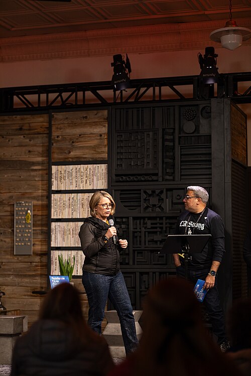 Amanda Kelso and Eugene Hernandez at the opening press gathering for Sundance 2025.