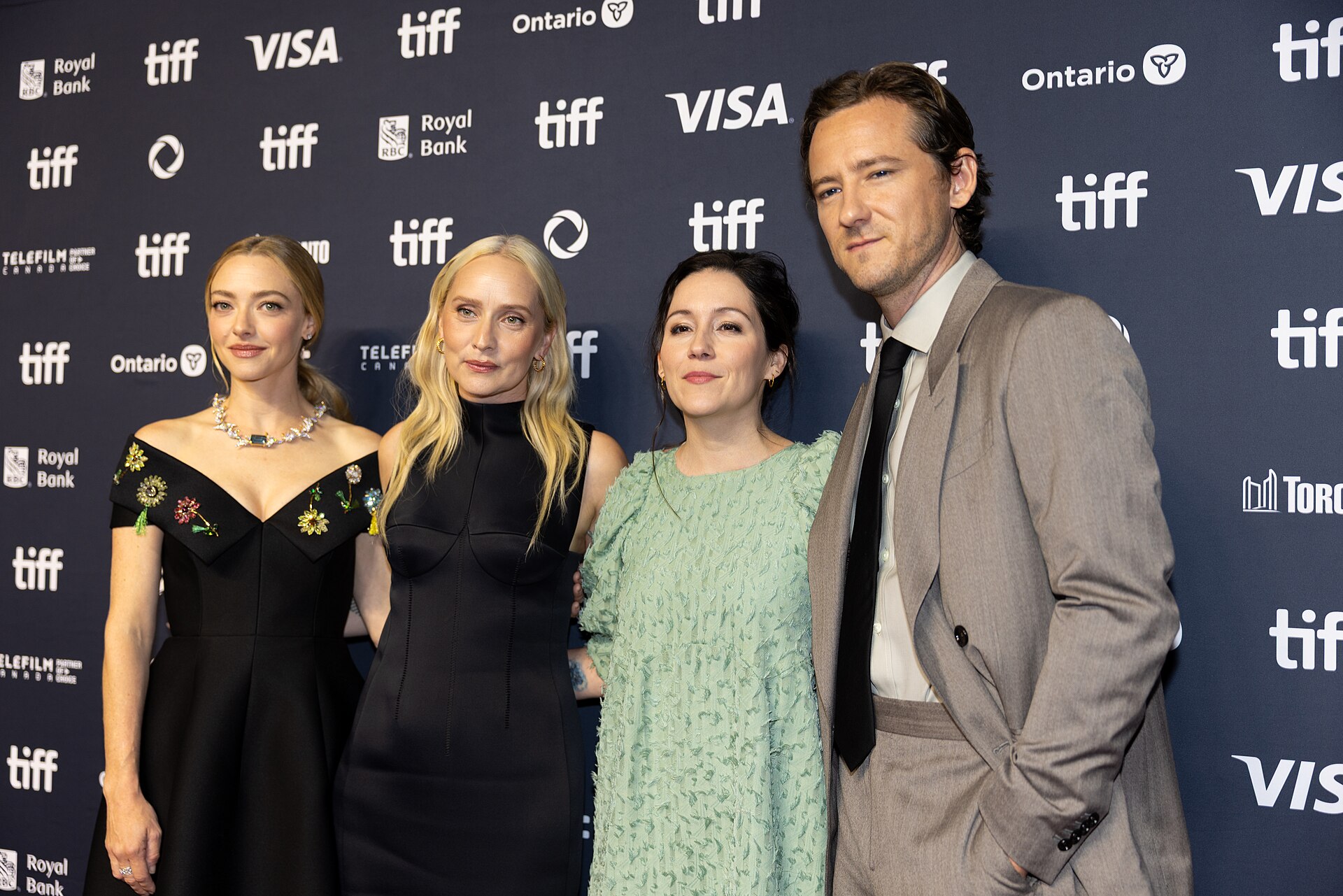 Amanda Seyfried, Mona Fastvold, Shannon Woodward, and Lewis Pullman, actors and director, at the 2025 Toronto International Film Festival (TIFF) for the movie The Testament of Ann Lee.