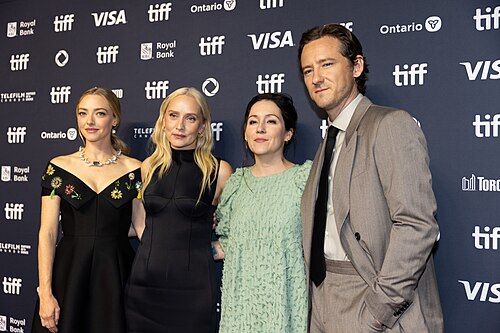 Amanda Seyfried, Mona Fastvold, Shannon Woodward, and Lewis Pullman, actors and director, at the 2025 Toronto International Film Festival (TIFF) for the movie The Testament of Ann Lee.