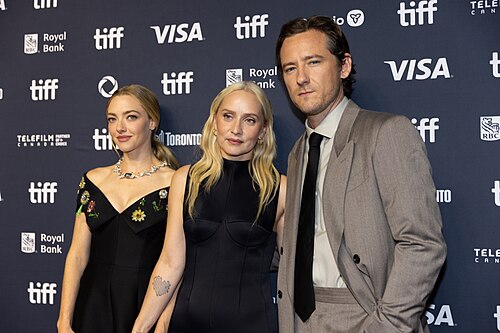 Amanda Seyfried, Mona Fastvold, and Lewis Pullman, actors and director, at the 2025 Toronto International Film Festival (TIFF) for the movie The Testament of Ann Lee.