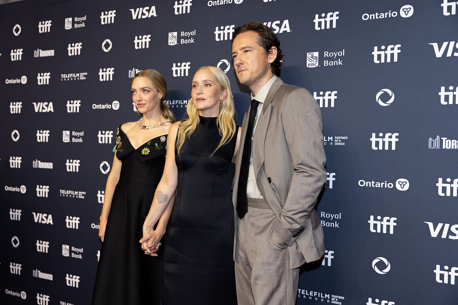 Amanda Seyfried, Mona Fastvold, and Lewis Pullman, actors and director, at the 2025 Toronto International Film Festival (TIFF) for the movie The Testament of Ann Lee.