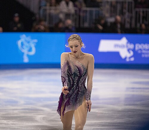 Amber Glenn, American figure skater, at the 2025 World Figure Skating Championships at TD Garden in Boston, Massachusetts.