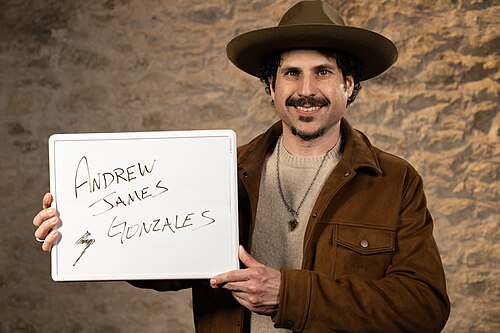 Andrew James Gonzales, Producer/Director, at the WikiPortraits studio at the 2025 SXSW Festival.