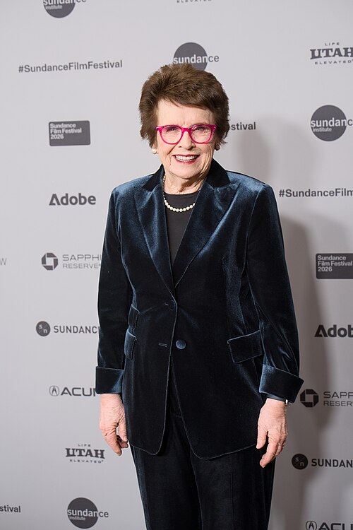 Billie Jean King, at the 2026 Sundance Film Festival for the movie Give Me The Ball!.
