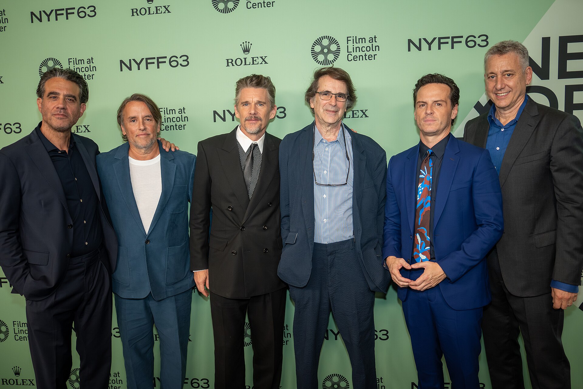 Bobby Cannavale, Richard Linklater, Robert Kaplow, Ethan Hawke, Andrew Scott, John Sloss at the 63rd annual New York Film Festival at Lincoln Center in 2025 for the film Blue Moon
