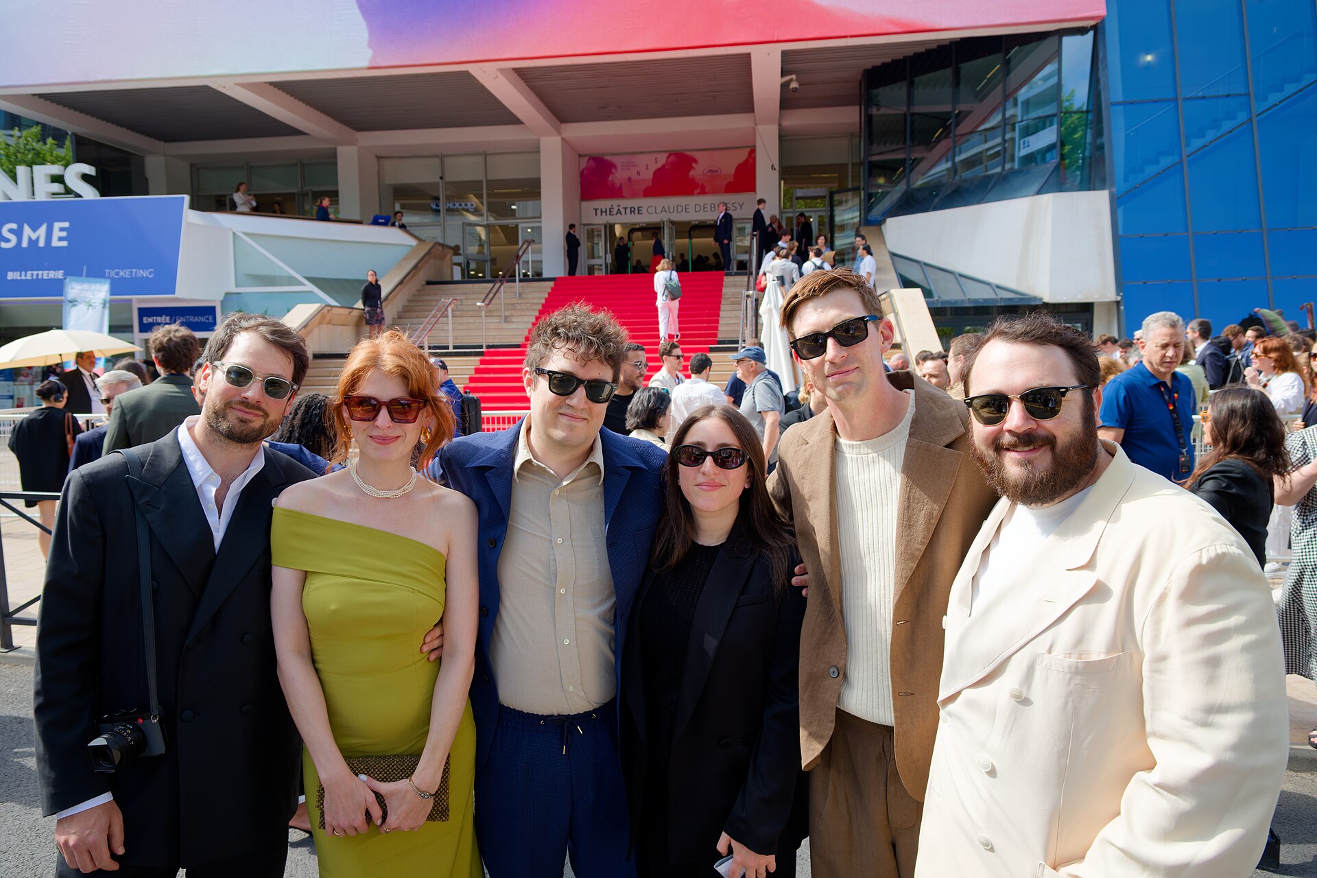 From left to right: Steven Breckon, Hallie Cooper-Novack, James Presson, Lexi Tannenholtz, Henry Hayes, and Gus Deardoff at the 2025 Cannes Film Festival premiere of The Plague.