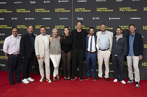 Director Brian Kirk, actress Emma Thompson and team at the 78th Locarno Film Festival red carpet for Dead of Winter