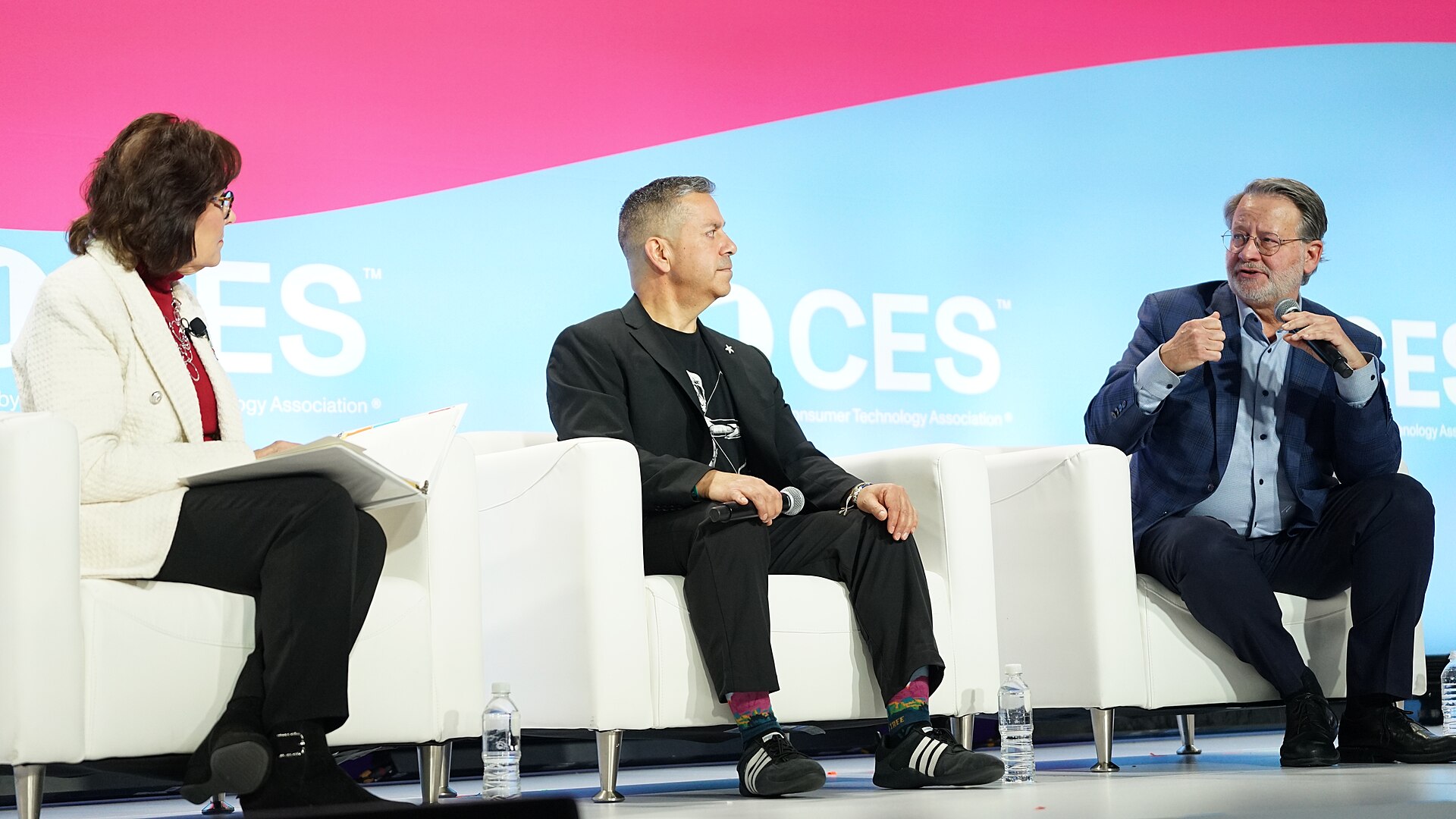 Jacky Rosen, Ben Ray Luján, Gary Peters at CES 2026 for "Senate Perspectives on Emerging Tech Policy"