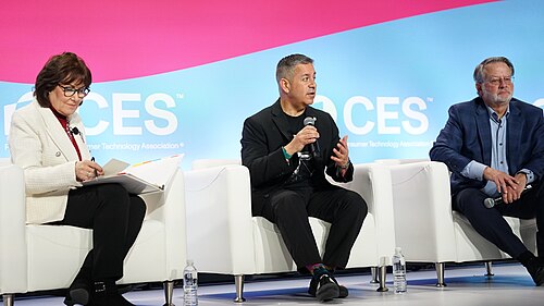 Jacky Rosen, Ben Ray Luján, Gary Peters at CES 2026 for "Senate Perspectives on Emerging Tech Policy"