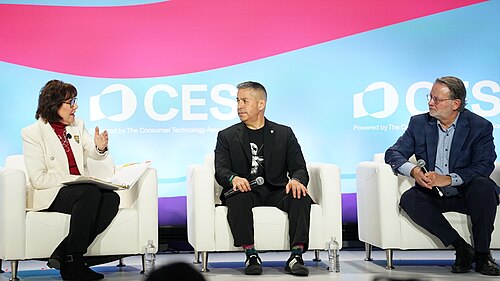 Jacky Rosen, Ben Ray Luján, Gary Peters at CES 2026 for "Senate Perspectives on Emerging Tech Policy"