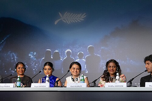 From left to right: Actresses Chhaya Kadam, Divya Prabha, director Payal Kapadia, actress Kani Kusruti, and actor Hridhu Haroon at All We Imagine As Light Press Conference at 2024 Cannes Film Festival