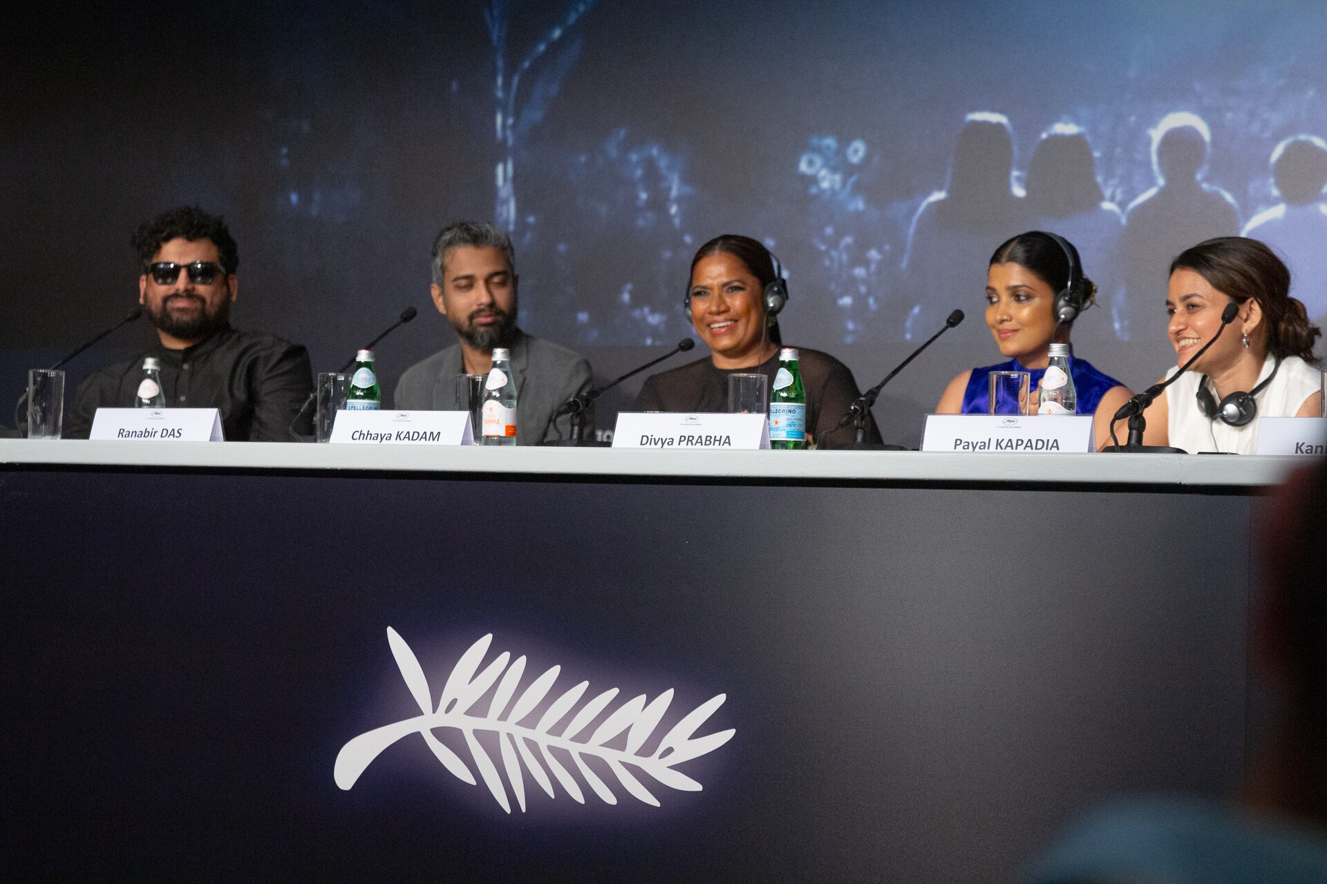From left to right: Producer Zico Maitra, cinematographer Ranabir Das, actresses Chhaya Kadam, Divya Prabha, director Payal Kapadia, actress Kani Kusruti at All We Imagine As Light Press Conference at 2024 Cannes Film Festival
