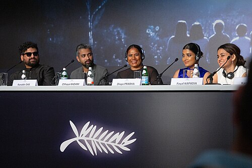 From left to right: Producer Zico Maitra, cinematographer Ranabir Das, actresses Chhaya Kadam, Divya Prabha, director Payal Kapadia, actress Kani Kusruti at All We Imagine As Light Press Conference at 2024 Cannes Film Festival