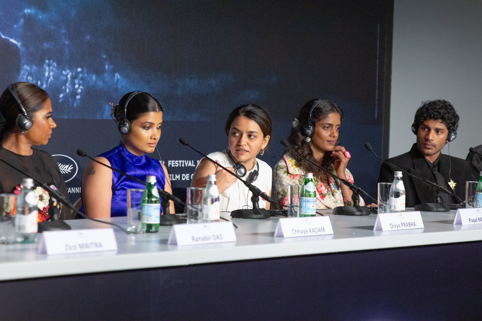 From left to right: Actresses Chhaya Kadam, Divya Prabha, director Payal Kapadia, actress Kani Kusruti, and actor Hridhu Haroon at All We Imagine As Light Press Conference at 2024 Cannes Film Festival