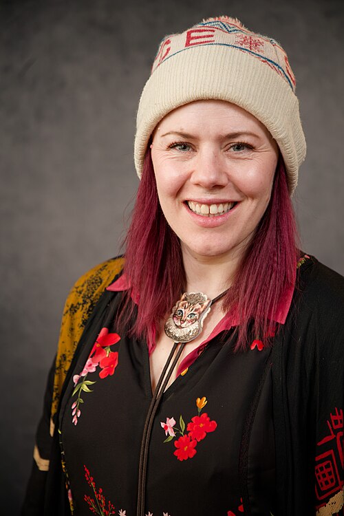 Catriona Rubenis-Stevens, director and producer of Half-Light Productions, at the WikiPortraits studio at the 2025 Sundance Film Festival.