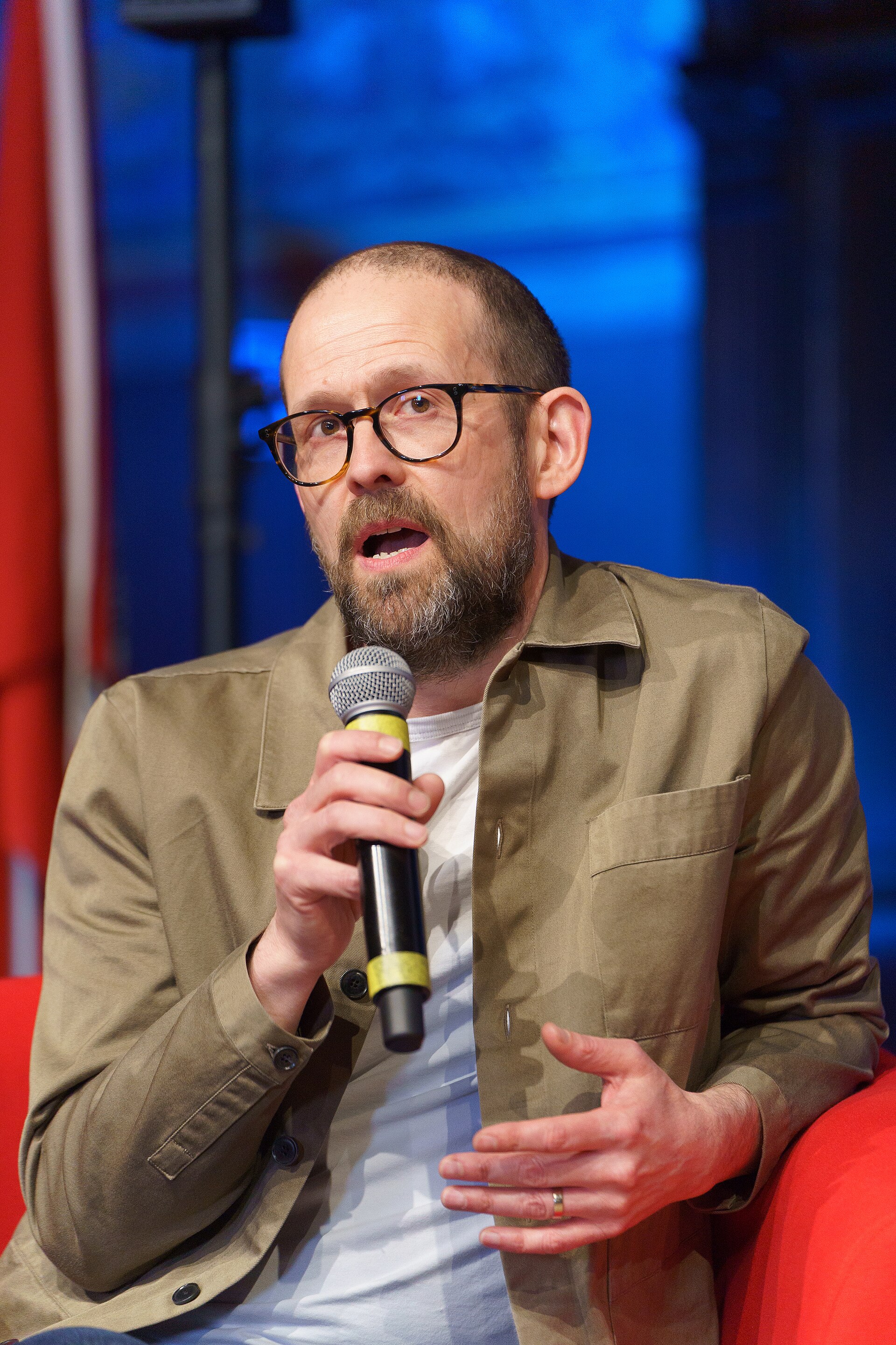 Chris Moran, head of editorial innovation at the Guardian, speaking at the International Journalism Festival 2024 in Perugia, Italy on a panel called AI showcase.