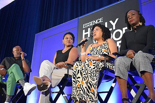Chris Spencer, Schelle Purcell, Zoe Marshall, and Stacey Muhammad at the Essence Festival of Culture in July 2025 on a panel called Ask Me Anything: Running A Writer’s Room.