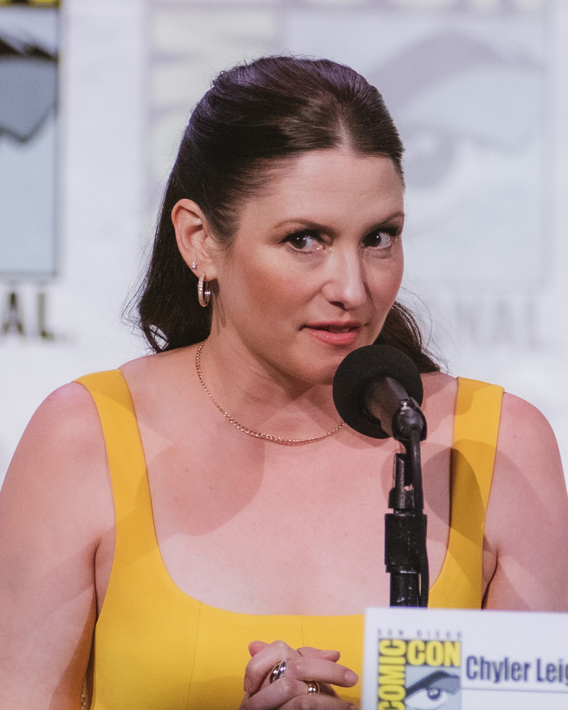 Chyler Leigh speaking at San Diego Comic-Con 2025.