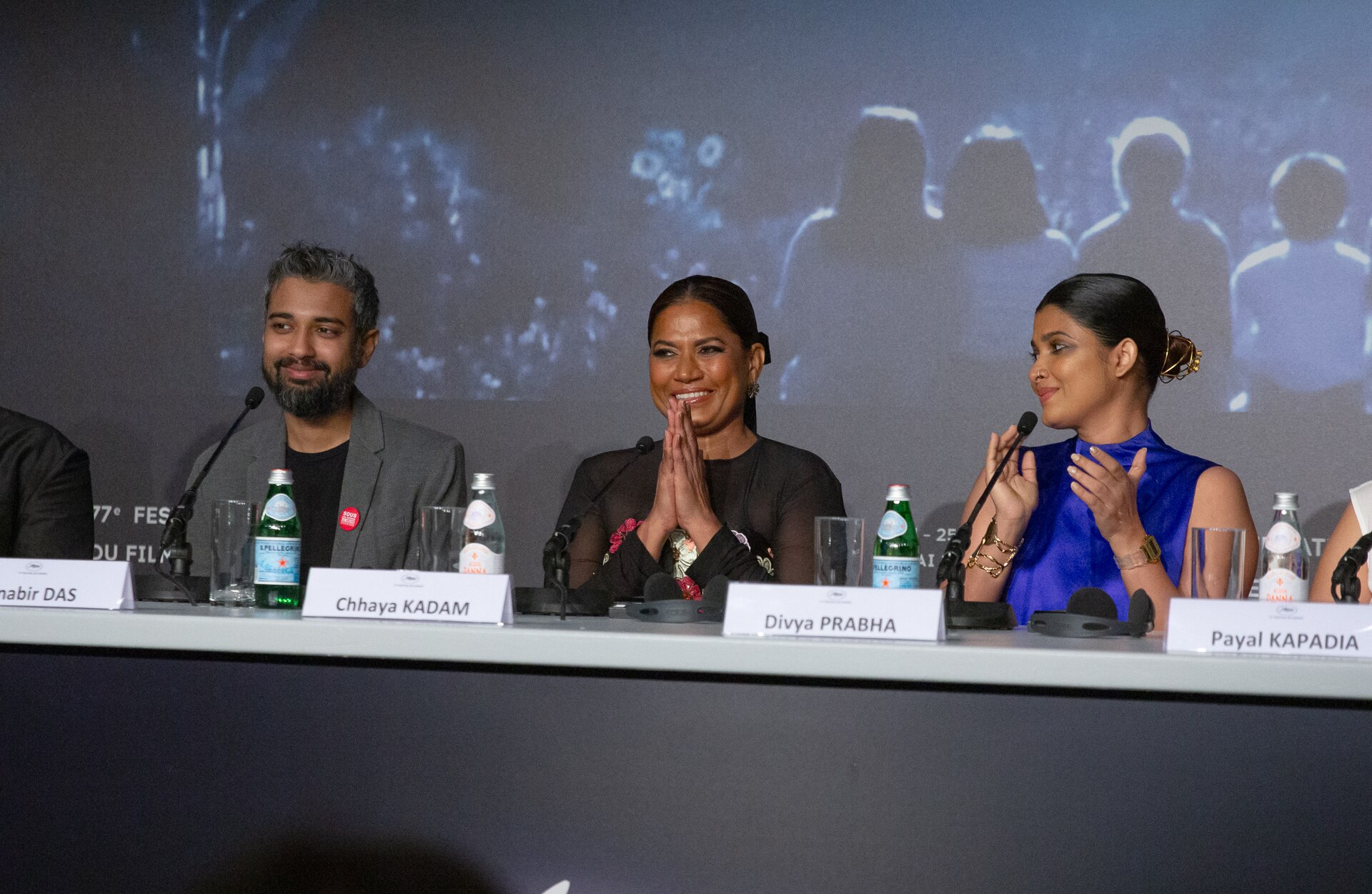 Cinematographer Ranabir Das and actresses Chhaya Kadam and Divya Prabha at All We Imagine As Light Press Conference at 2024 Cannes Film Festival