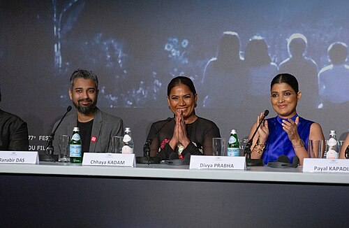 Cinematographer Ranabir Das and actresses Chhaya Kadam and Divya Prabha at All We Imagine As Light Press Conference at 2024 Cannes Film Festival